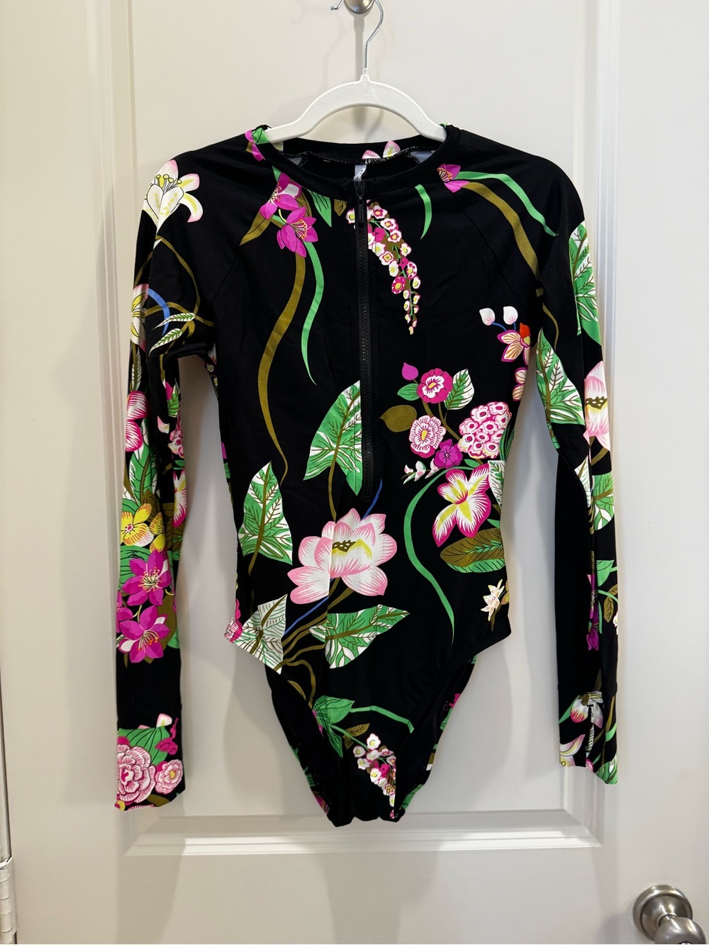 Trina Turk Black Floral Long-Sleeve One-Piece Swim
